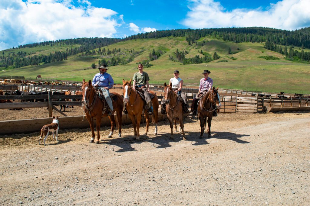 Four riders on horseback lined up on a gravel path beside livestock corrals at OK Ranch, accompanied by a ranch dog, with rolling green hills under a partly cloudy sky in the background.